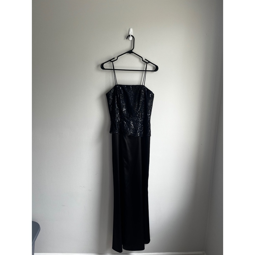 Black Sequin Peplum Satin Maxi Dress Spaghetti Formal Evening Gown Small‎ Y2K